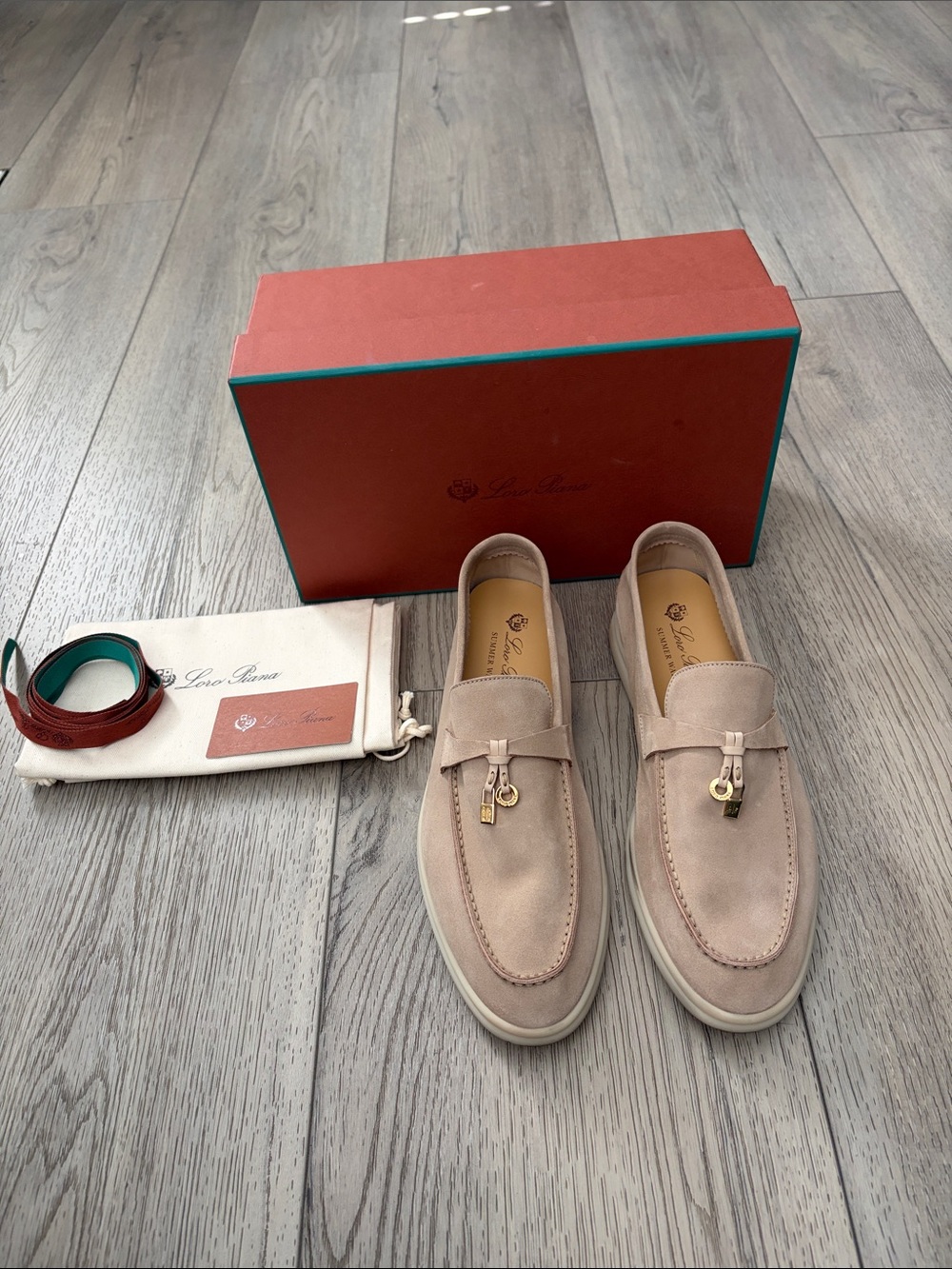 Loro Piana Summer walk Beige Suede Loafers with Gold Accent